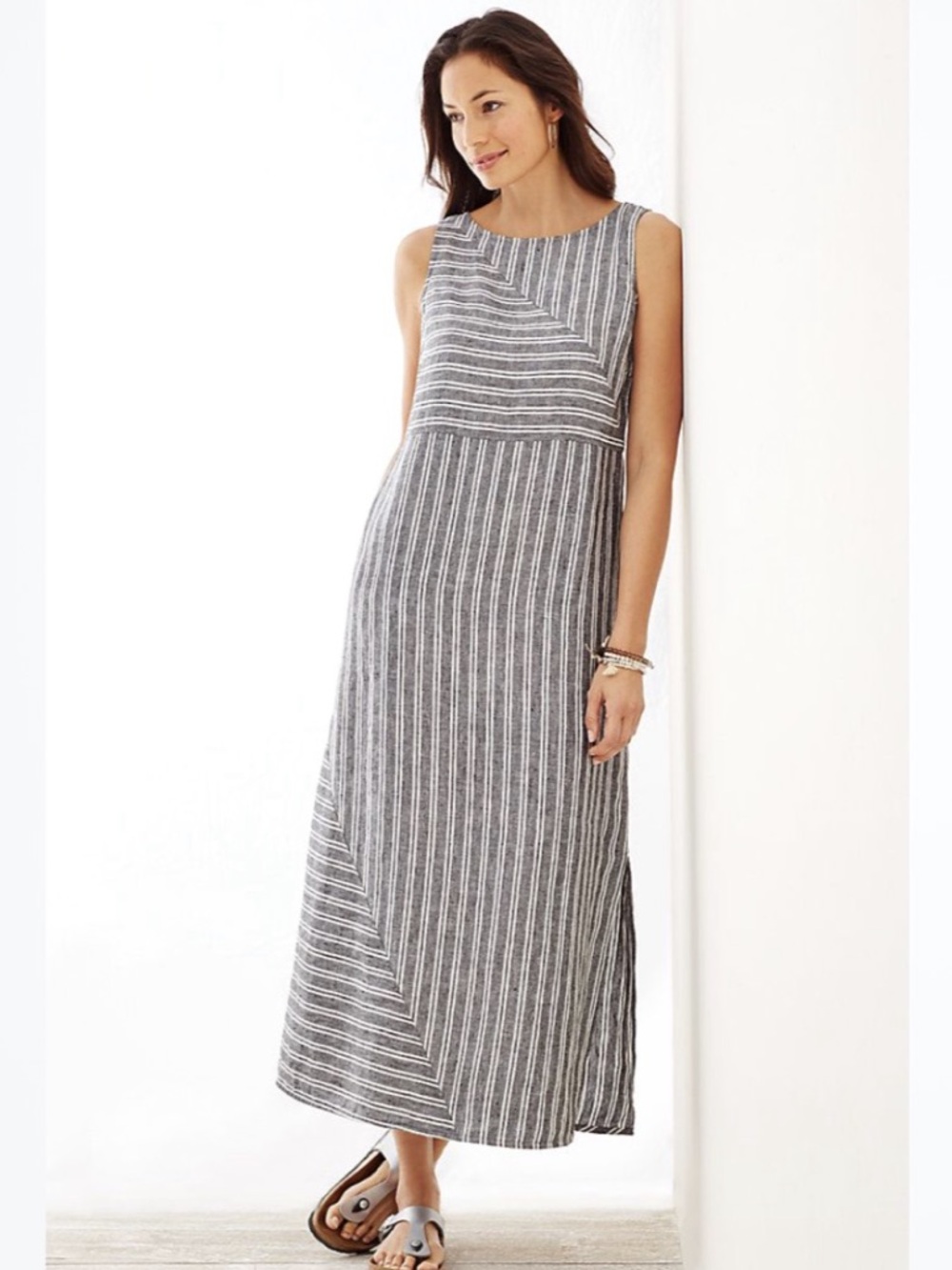 J.Jill Pure Jill 100% Linen Striped Tank Maxi Dress with Slit Gray & White
